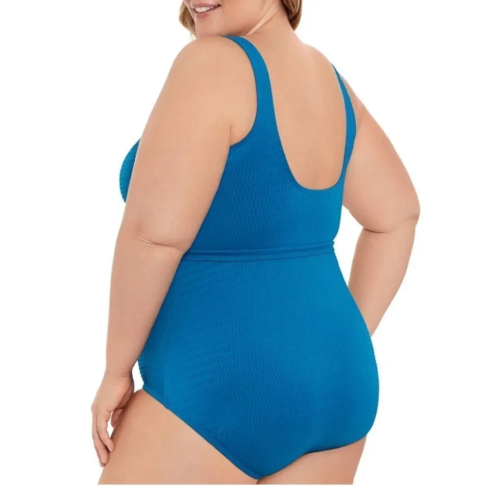 Time and Tru LARGE TEAL Smocked Belted One Piece Swimsuit - NEW